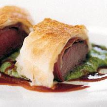 Lamb filo pea puree